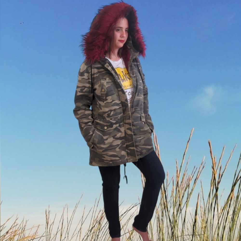 AMERICAN RAG Camo Print Faux Fur trim Hooded Jacket